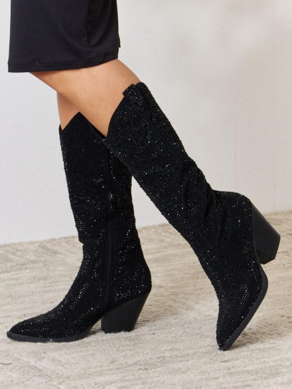 Black Rhinestone Knee High Cowboy Boots | Pointed Toe Western